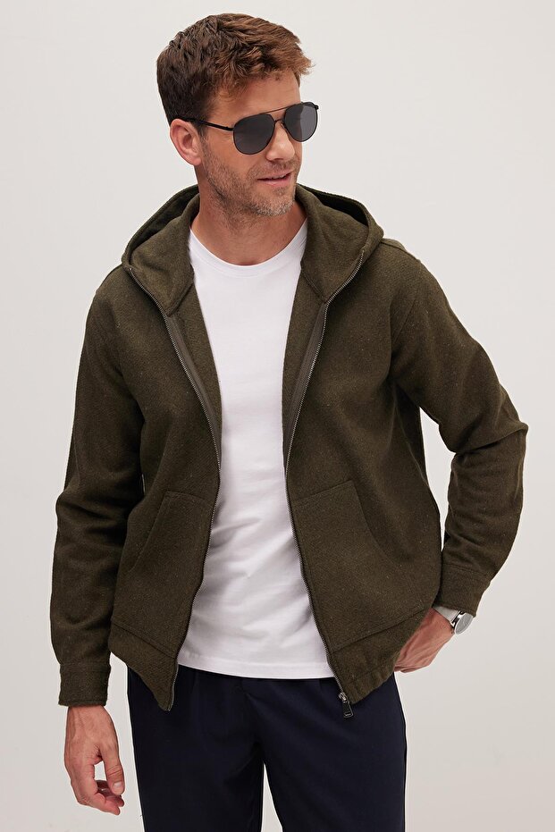 Men's Relax Fit Comfortable Cut Zippered Double Pocket Hooded Khaki Jacket Shirt - 1