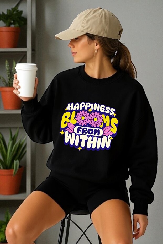 Unisex Long Sleeve Happiness Transfer Printed Crew Neck Sweatshirt