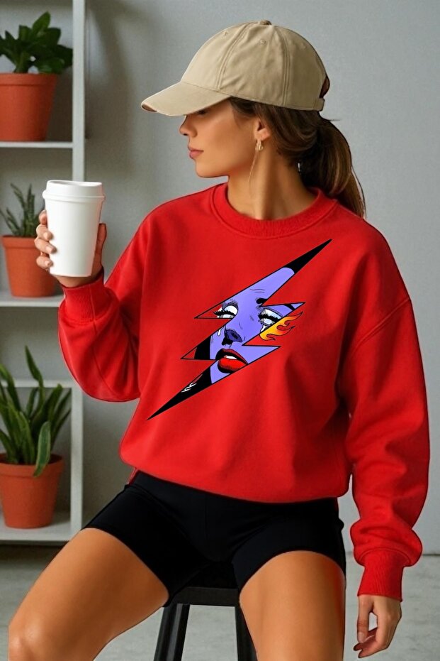 Unisex Long Sleeve Lightning Women's Transfer Printed Crew Neck Sweatshirt