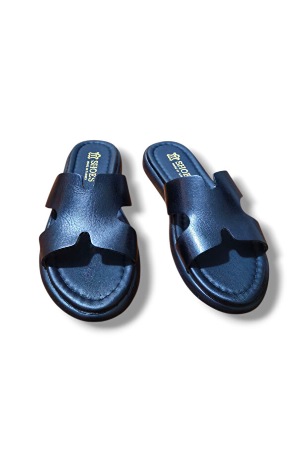 Women's Black Genuine Leather H Model Slippers