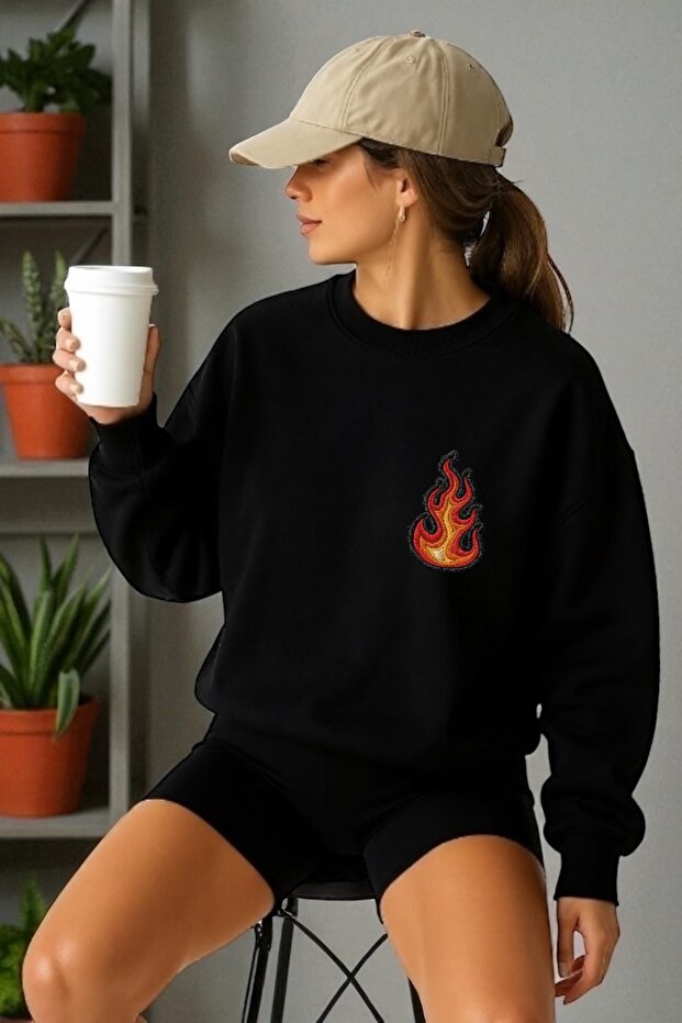 Unisex Long Sleeve Flame Transfer Printed Crew Neck Sweatshirt