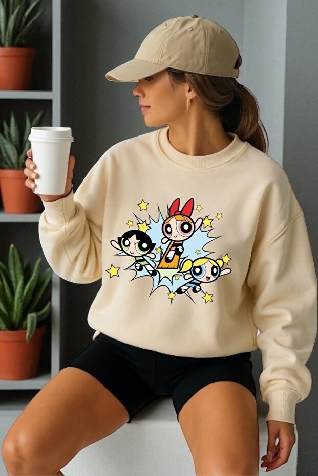 Unisex Long Sleeve Powerpuff Girls Transfer Printed Crew Neck Sweatshirt