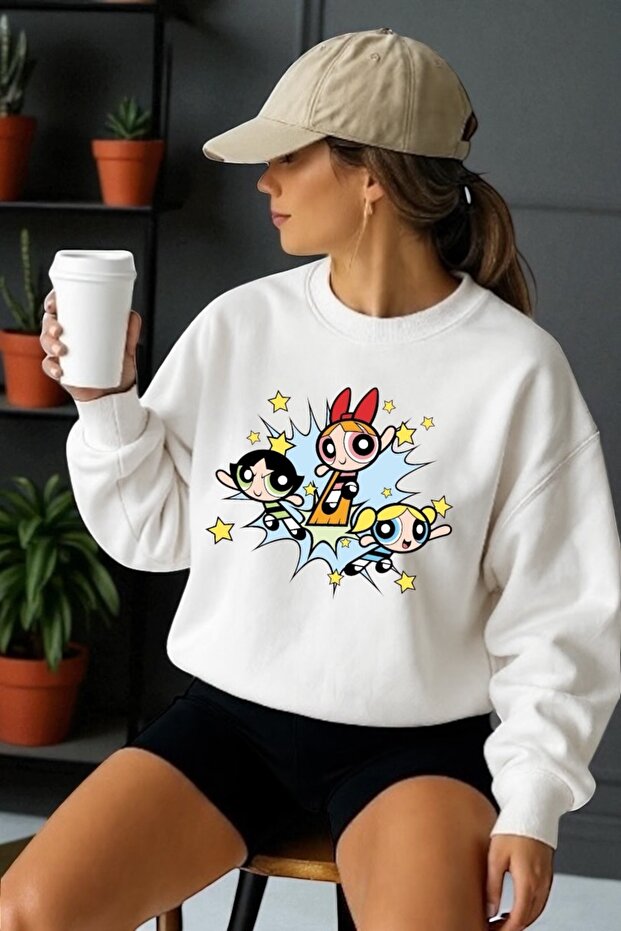 Unisex Long Sleeve Powerpuff Girls Transfer Printed Crew Neck Sweatshirt
