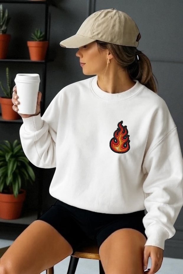 Unisex Long Sleeve Flame Transfer Printed Crew Neck Sweatshirt