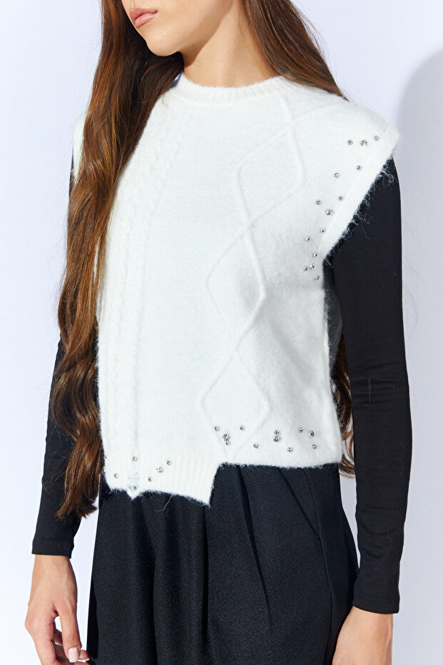 Taş Detaylı Asimetrik Triko Süveter - Ekru | MKW535343-01 - 4