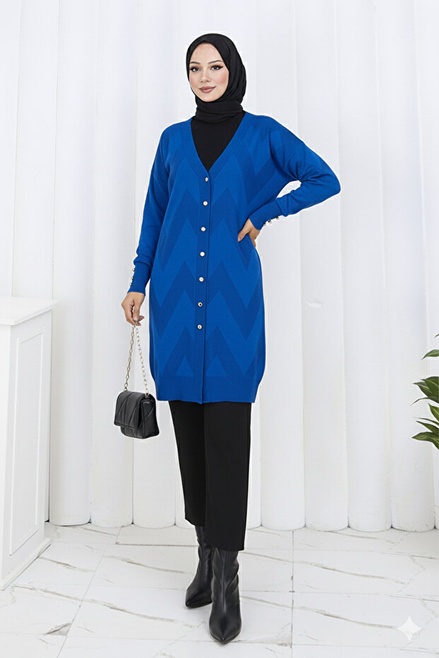 Patterned Long Mercerized Cardigan N3193 Cobalt Blue