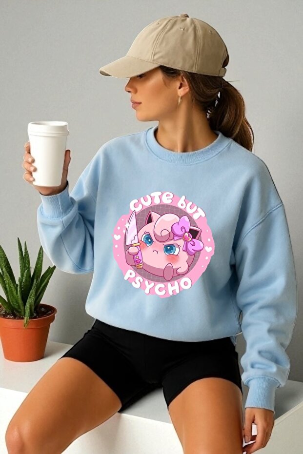 سويت شيرت برقبة دائرية وأكمام طويلة للجنسين من Psycho Jiggle Puff مطبوع عليه طباعة نقل حراري