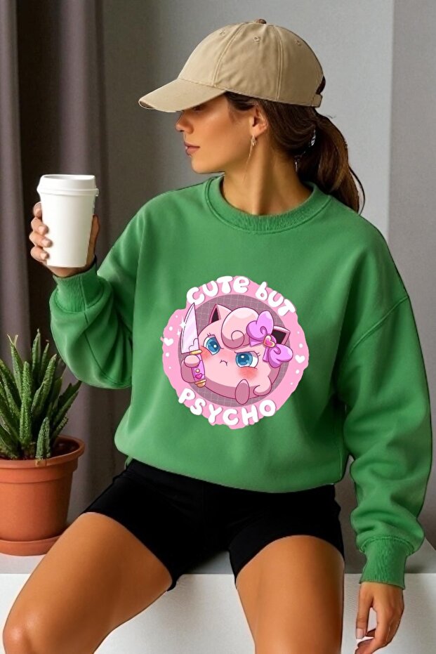سويت شيرت برقبة دائرية وأكمام طويلة للجنسين من Psycho Jiggle Puff مطبوع عليه طباعة نقل حراري