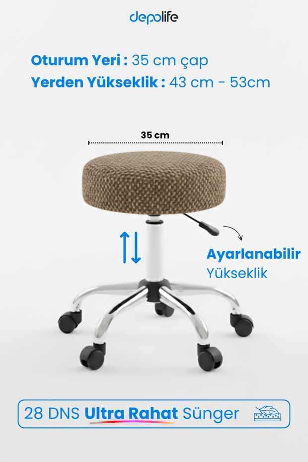 Tedy Yükseklik Ayarlı Ergonomik Ofis Kasiyer Sekreter Makyaj Tekerlekli Çalışma Taburesi - 3