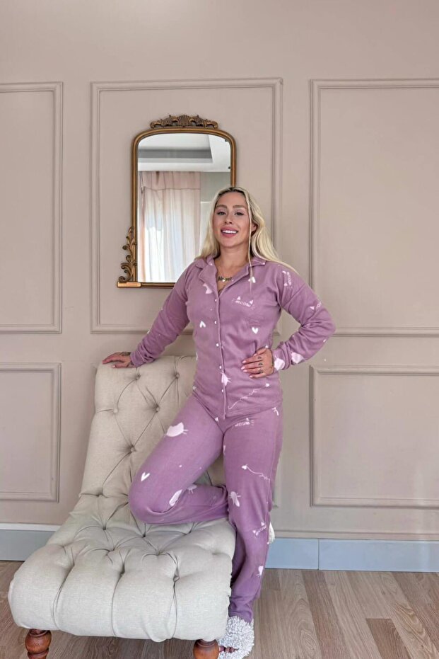 Pink Cat Patterned Front Buttoned Plush Fleece Pajama Set - 6