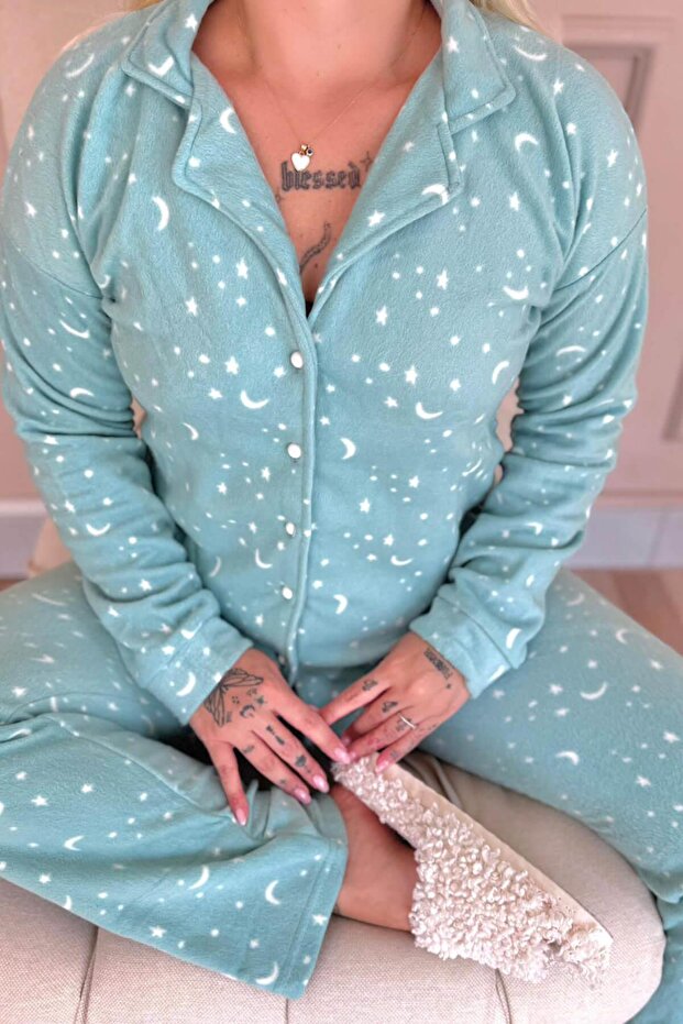 Mint Moon Stars Patterned Front Buttoned Plush Fleece Pajama Set - 5