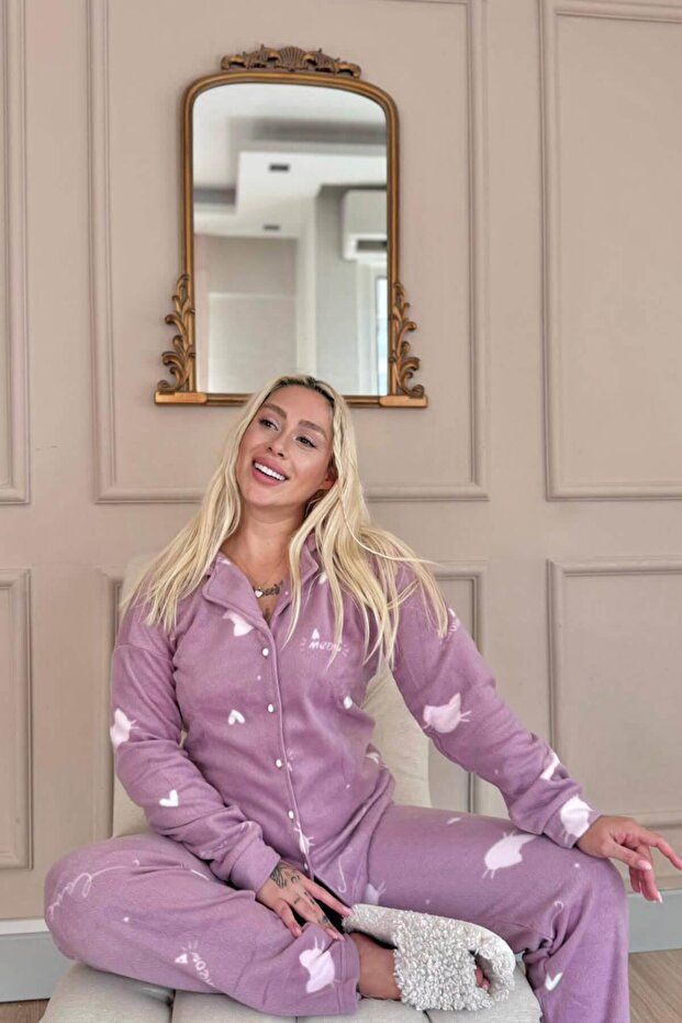 Pink Cat Patterned Front Buttoned Plush Fleece Pajama Set - 3