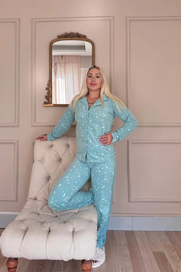 Mint Moon Stars Patterned Front Buttoned Plush Fleece Pajama Set - 6