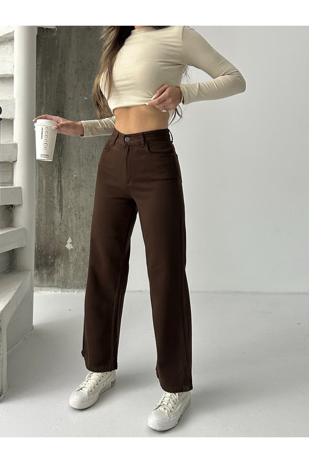 Women's High Waist Brown Linen Boyfriend Pants with Wide Legs