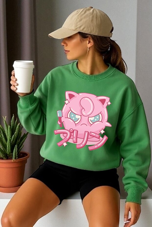 سويت شيرت برقبة دائرية وأكمام طويلة للجنسين مطبوع عليه Jiggle Puff Transfer