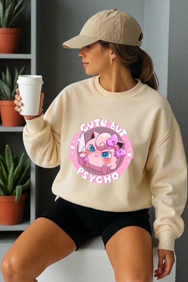 سويت شيرت برقبة دائرية وأكمام طويلة للجنسين من Psycho Jiggle Puff مطبوع عليه طباعة نقل حراري