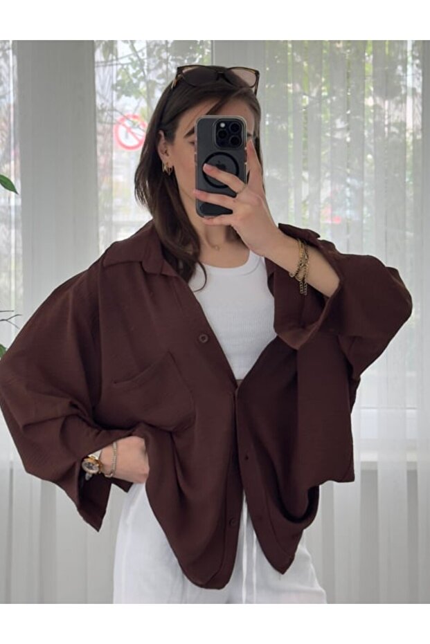 İthal Ayrobin Kumaş Oversiz Tek Cepli Gömlek - 1