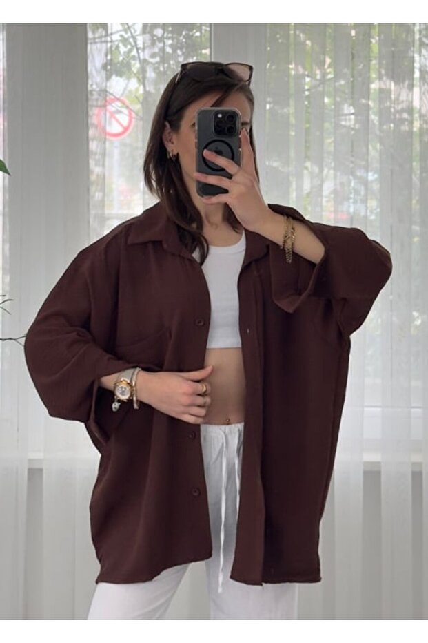 İthal Ayrobin Kumaş Oversiz Tek Cepli Gömlek - 2
