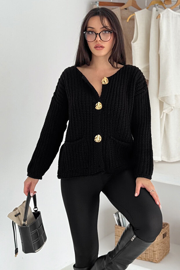Women's Gold Button Textured Knit Cardigan – Elegant & Vintage Touch