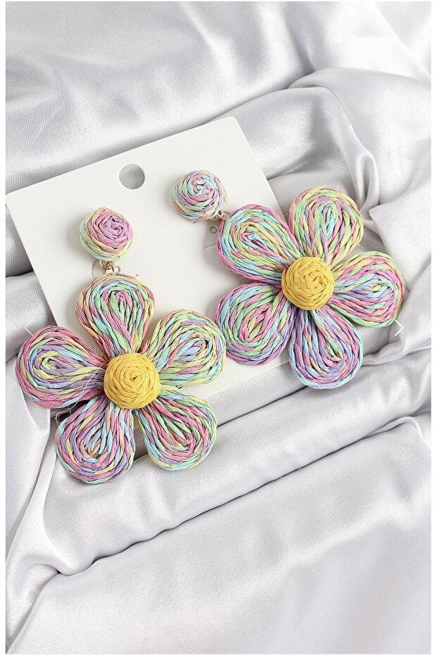 Brass Rainbow Daisy Model Gold Color Women's Straw Earrings