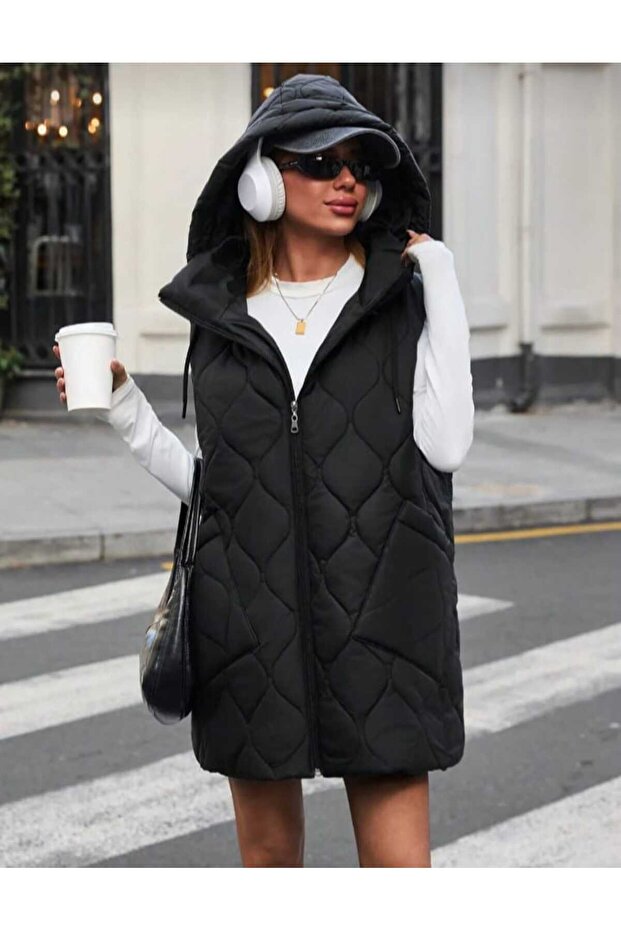 kapşonlu kapitone uzun yelek - 1