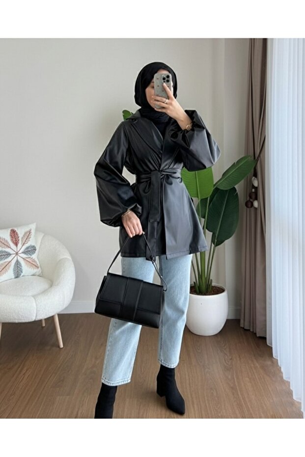 Balloon Sleeve Belted Leather Jacket -Black