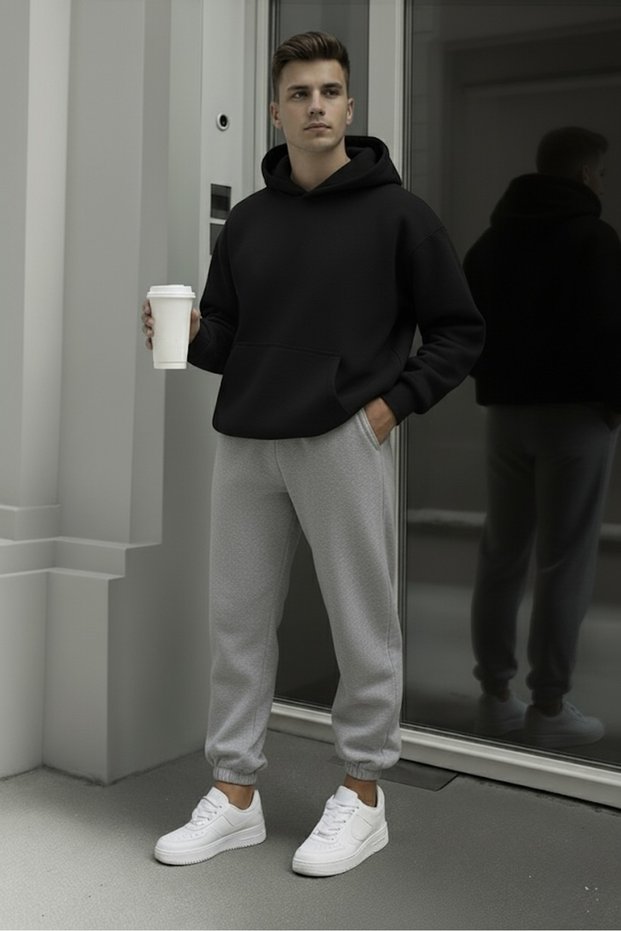 Unprinted Solid Two Color Unisex Women/Men Hooded Oversize Bottom/Top Tracksuit Set