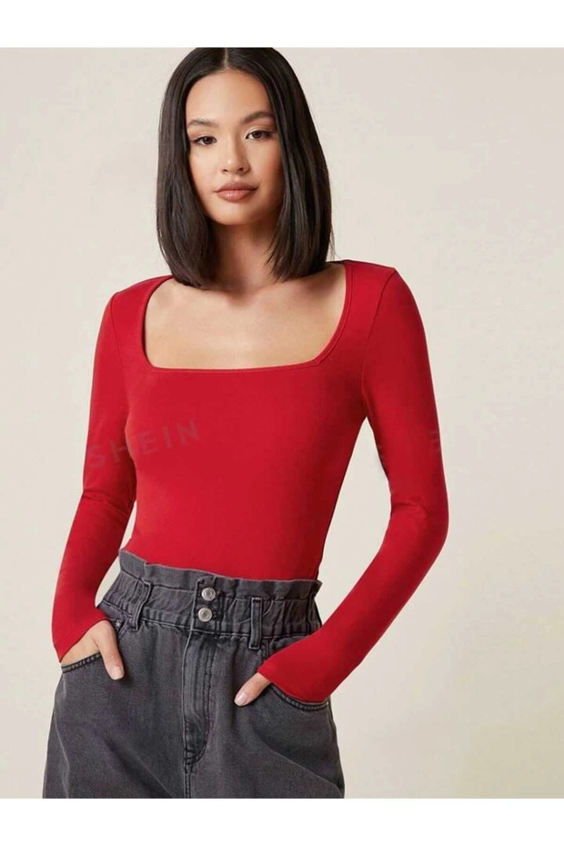 Kadın Kırmızı Kare Yaka Uzun Kollu Vücudu Saran İpek Jarse Kumaş Basic Bluz Badic - 1