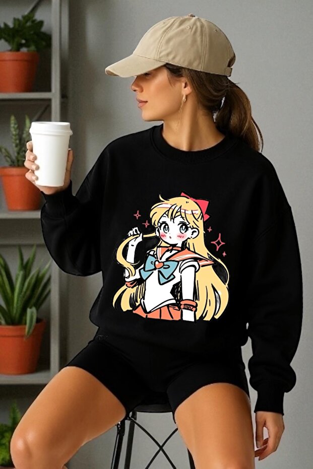 Unisex Long Sleeve Moon Warrior Transfer Printed Crew Neck Sweatshirt
