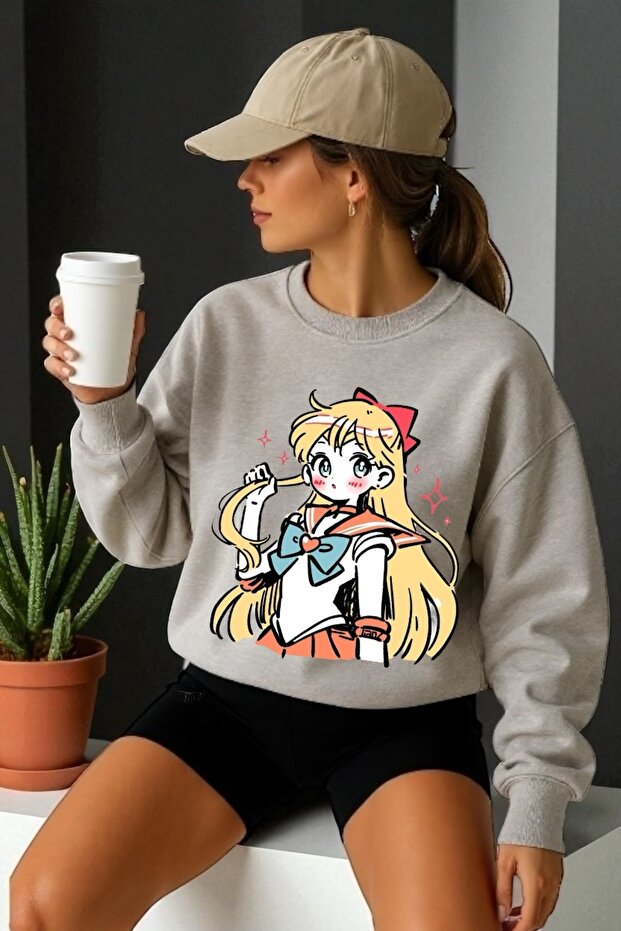 Unisex Long Sleeve Moon Warrior Transfer Printed Crew Neck Sweatshirt