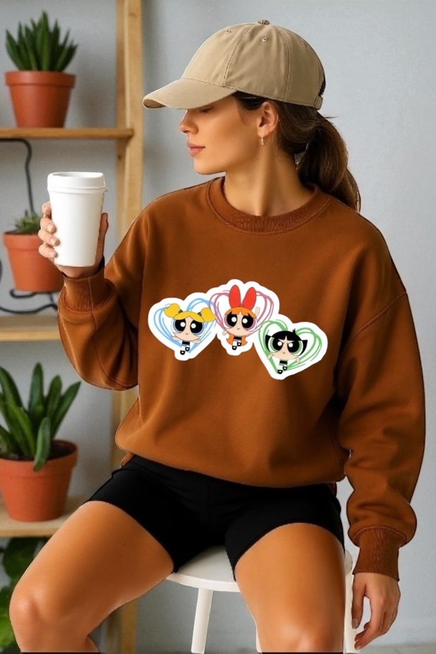 Unisex Long Sleeve Powerpuff Girls Transfer Printed Crew Neck Sweatshirt