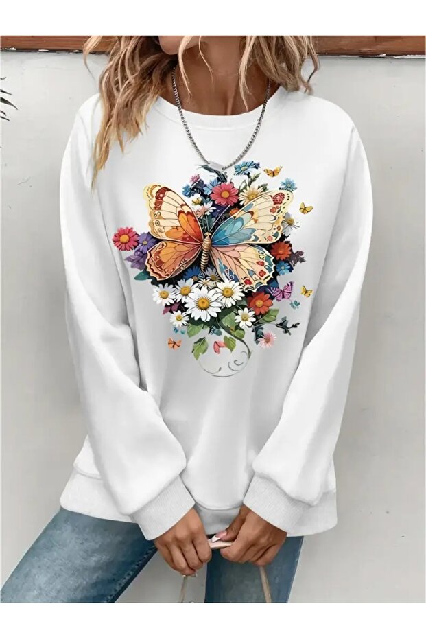 Printed Circular Neck Oversize Three-Thread Ribbed Sweatshirt