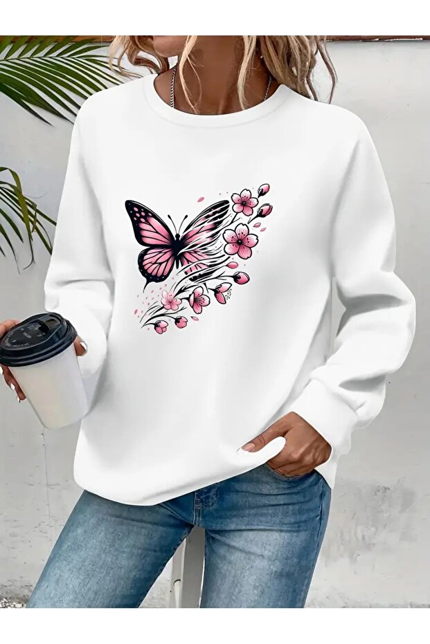 Printed Circular Neck Oversize Three-Thread Ribbed Sweatshirt