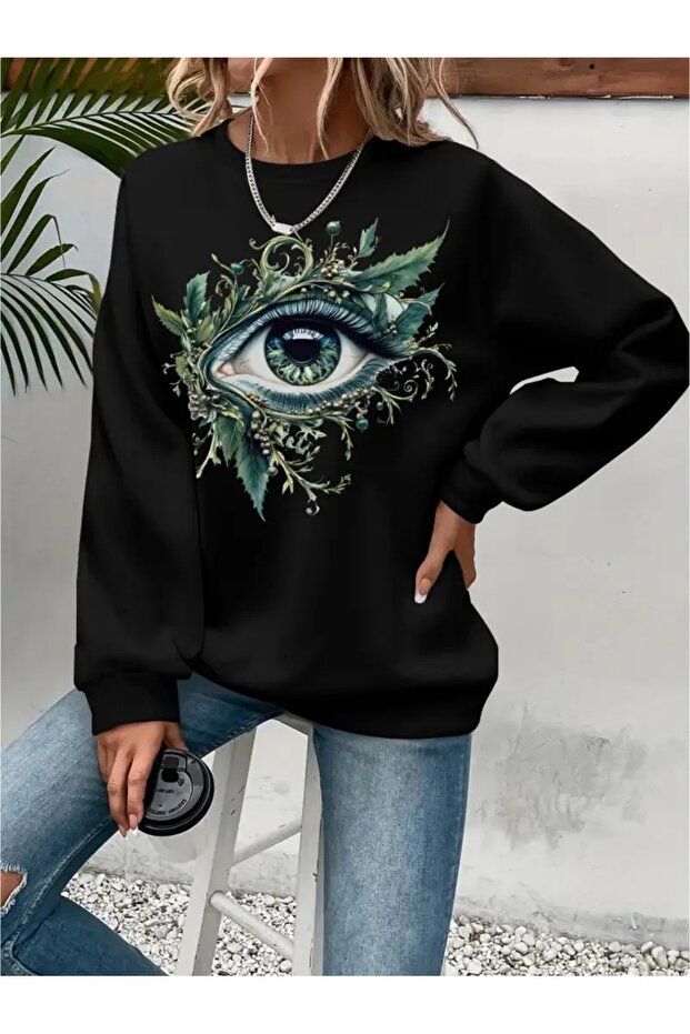 Printed Circular Neck Oversize Three-Thread Ribbed Sweatshirt