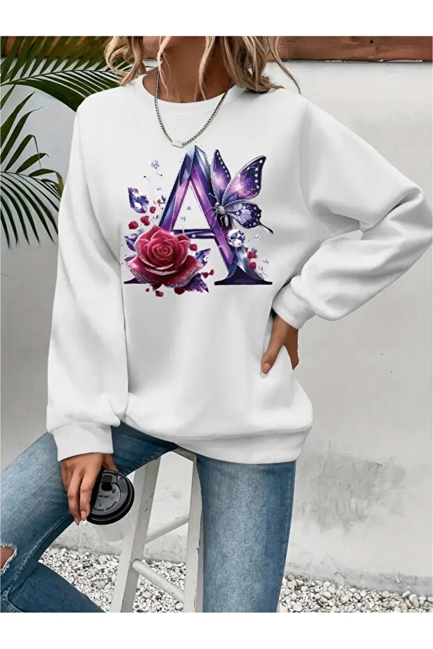 Printed Circular Neck Oversize Three-Thread Ribbed Sweatshirt