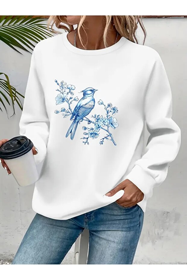 Printed Circular Neck Oversize Three-Thread Ribbed Sweatshirt