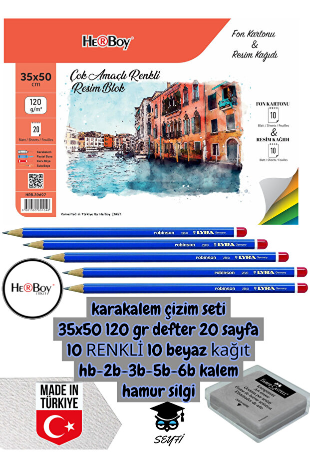 Charcoal Drawing Set 35X50 120 Gr Notebook 20 Sheets 10 Color 10 White Paper Hb-2B-3B-5B-6B Pencil Herboy