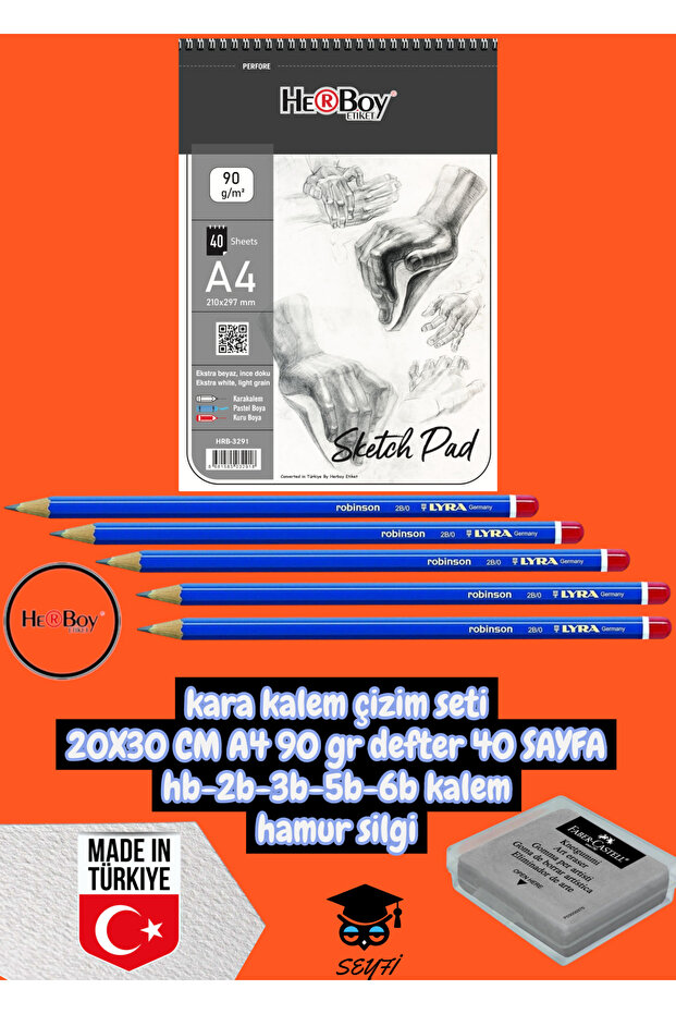 Kara Calm Drawing Set 20X30 cm A4 90 Gr Notebook 40 Sheets Hb-2B-3B-5B-6B Pencil Dough Eraser Herboy