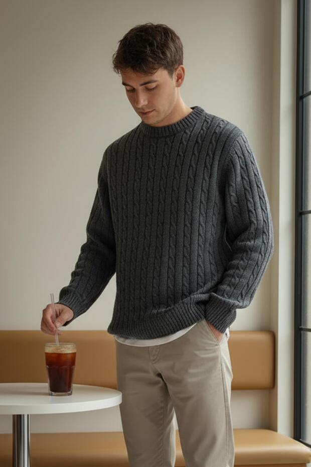 Men's Hair Knit Crew Neck Thick Knitwear Sweater Anthracite 26W2014