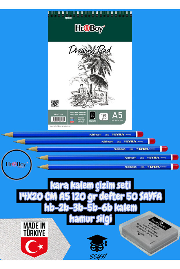 Kara Calm Drawing Set 14X20 cm A5 120 Gr Notebook 50 Sheets Hb-2B-3B-5B-6B Pencil Dough Eraser Herboy