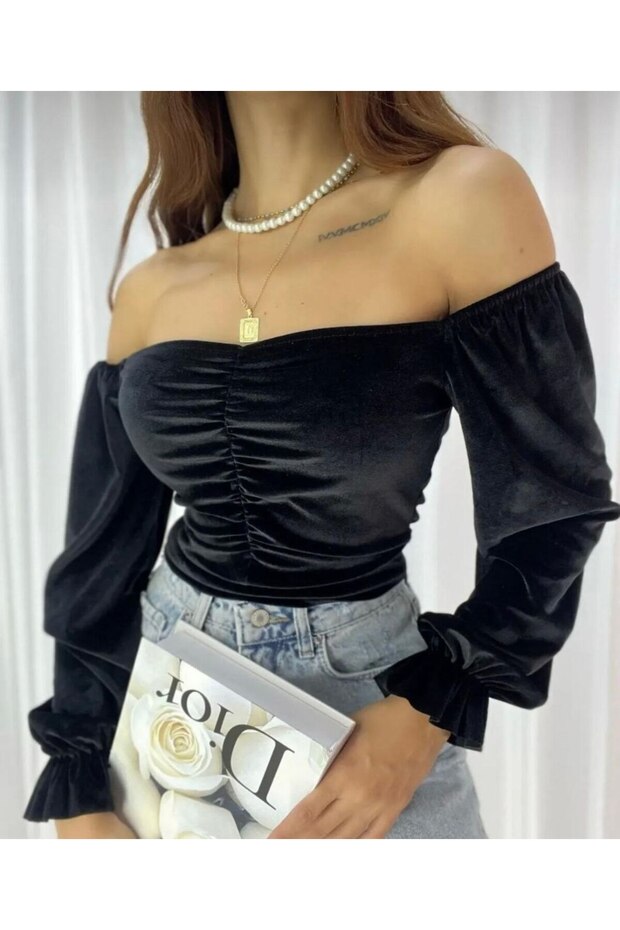 Off-The-Shoulder Balloon Sleeve Boat Neck Gathered Velvet Crop Blouse