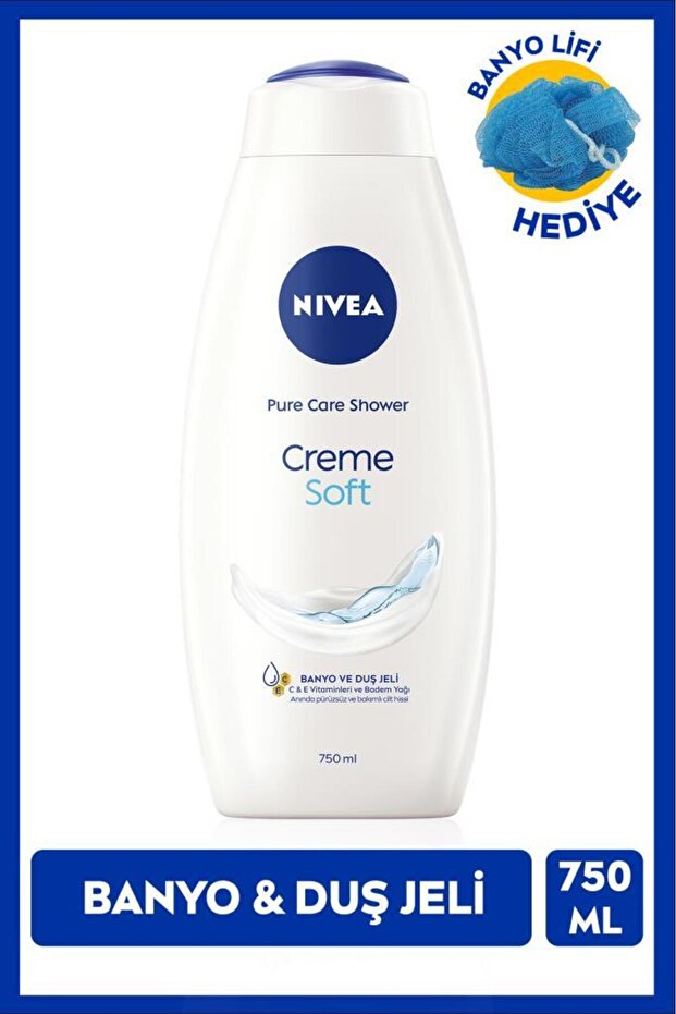 NIVEA Creme Soft Kremsi Dokunuş Duş Jeli 750ml, Badem Yağı, C Vitamini, Banyo Lifi Hediye, Avantajlı Paket