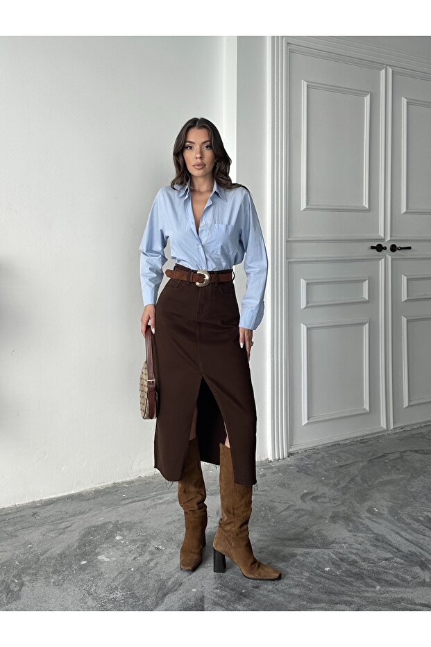 Women's brown frayed hem front-slit linen skirt