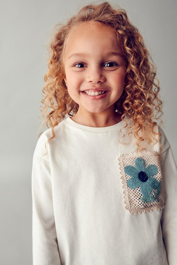 Girl's 4-9 Years Old Fisto Embroidered Long Sleeve T-Shirt Cream