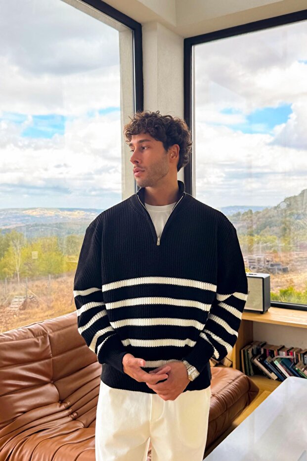 Striped Half Zip Knit Sweater Black