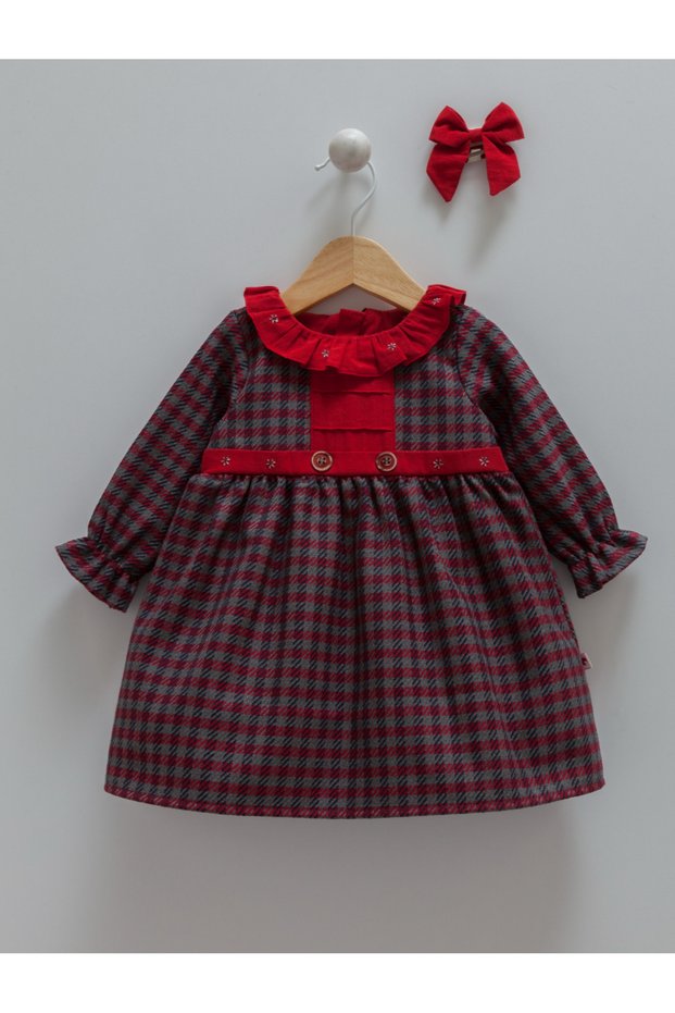 Baby Girl Dress 100% Cotton Winter (3-18 Months) – Ruffled Collar, Checkered Pattern
