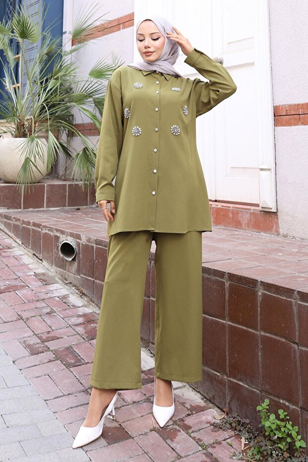Sparkle Stone Detailed Suit Khaki 19264