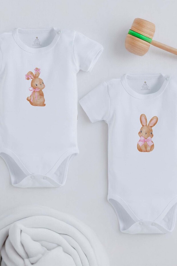 100% Cotton Organic Cute Rabbit Design 2-Piece Baby Bodysuit (1068-1069)