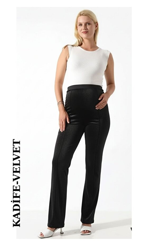 Women's Black Velvet Maternity Pants with Ribbed Front, Flat Waist, Adjustable, Flexible & Comfortable