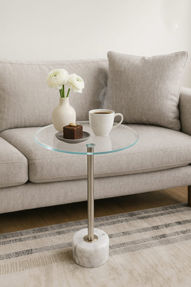 طاولة خدمة زجاج شفاف قاعدة رخام ابيض - 1